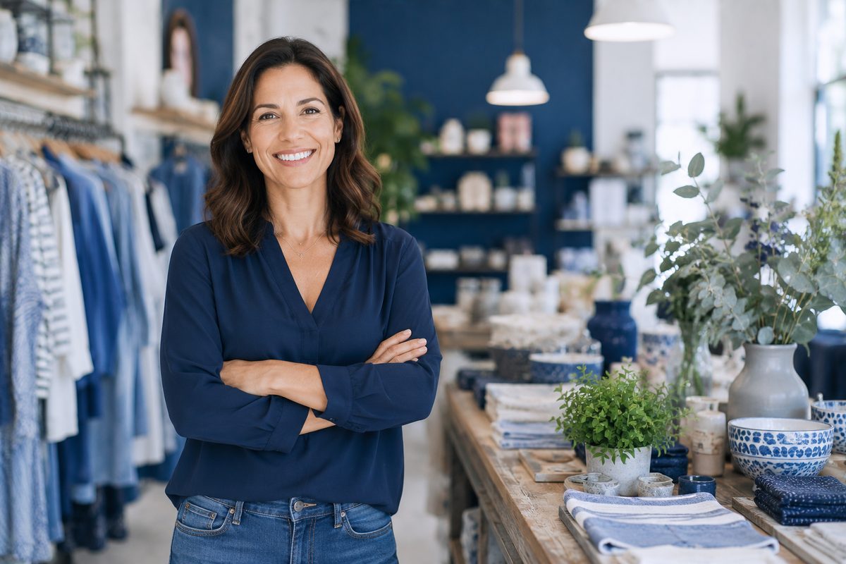A small-business owner standing confidently in her shop