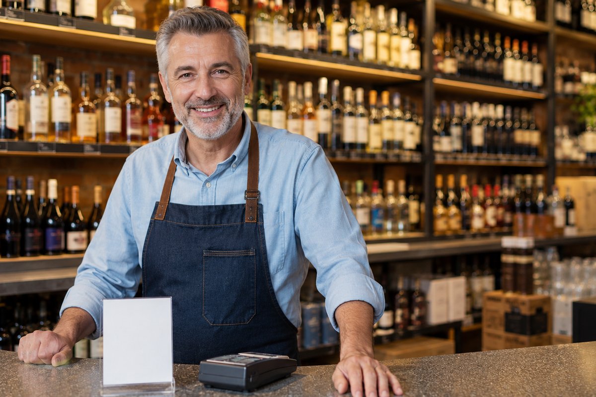A liquor store owner stands at the register with a modern card terminal showing two price options, shelves of bottles neatly arranged behind him