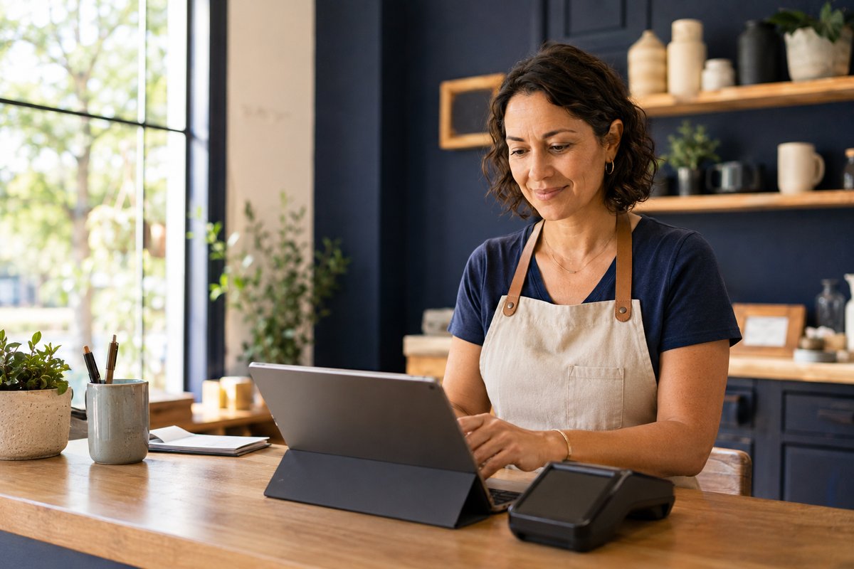 A small business owner calmly completing a security questionnaire on a laptop at her counter with a card terminal nearby