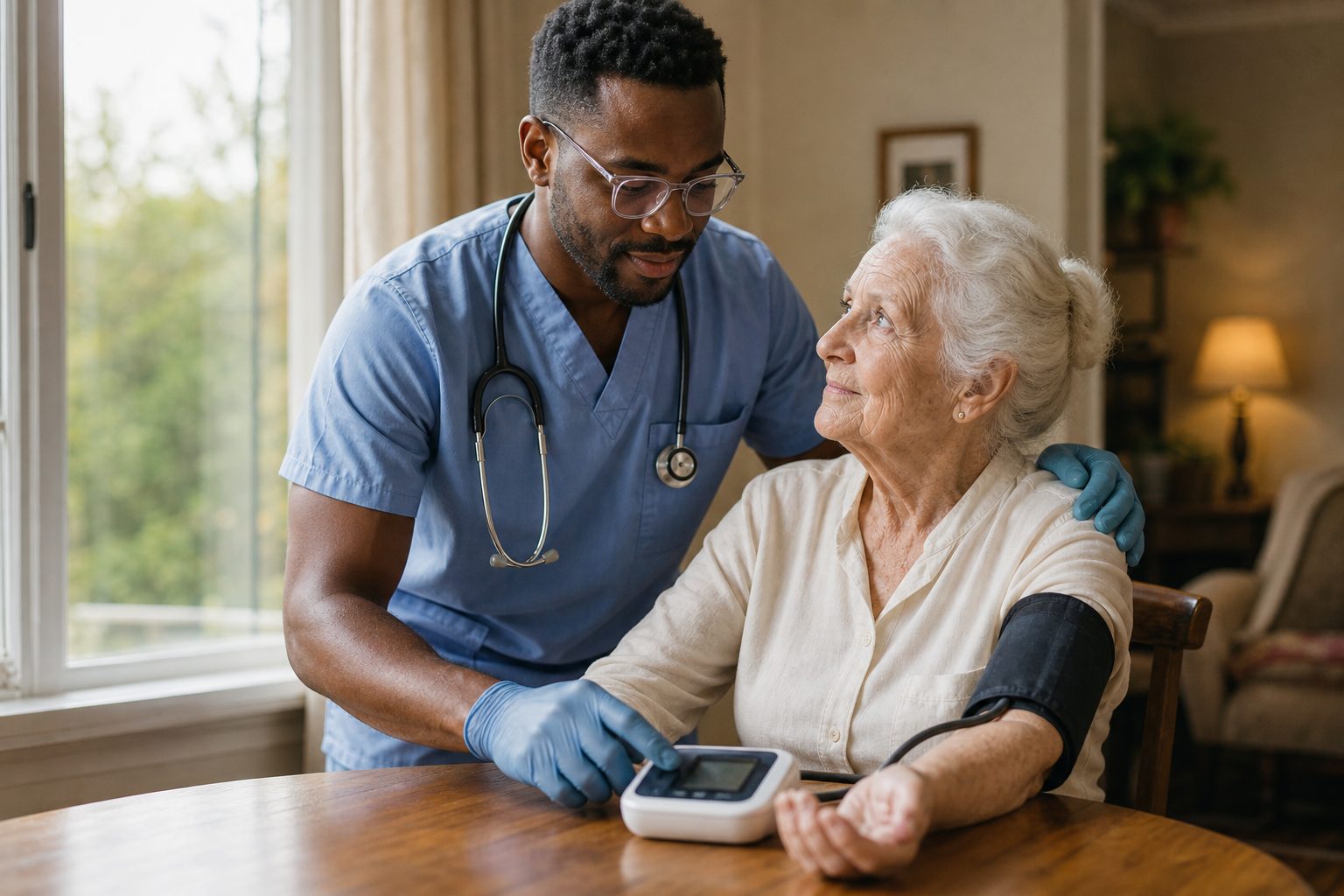 An in-home caregiver checks a patient's blood pressure at her kitchen table.