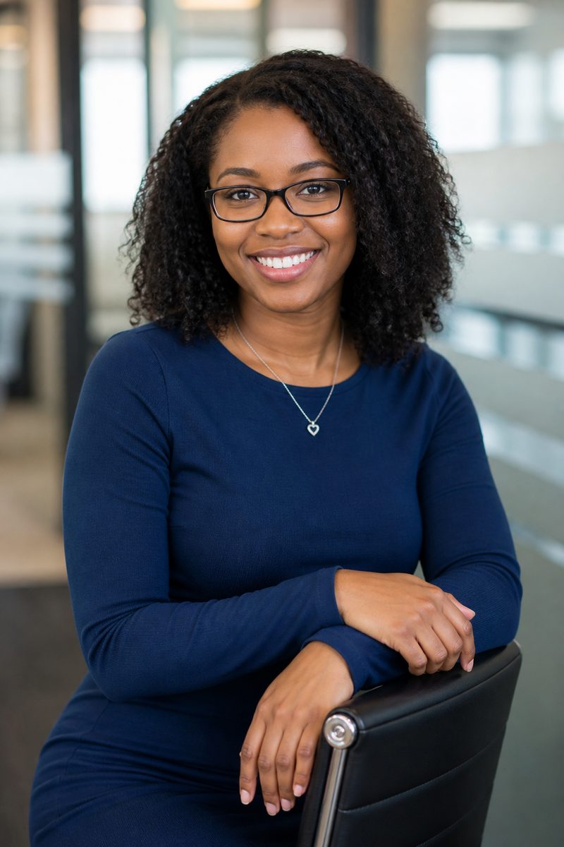 A senior care administrator smiling in a modern office setting.
